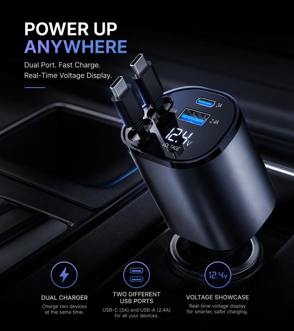 USB-C car charger with dual ports and real-time voltage display, ideal for fast charging on the go.