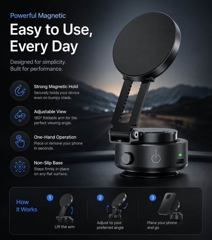Magnetic Phone Holder & Charger – Fast, Secure Car Mount