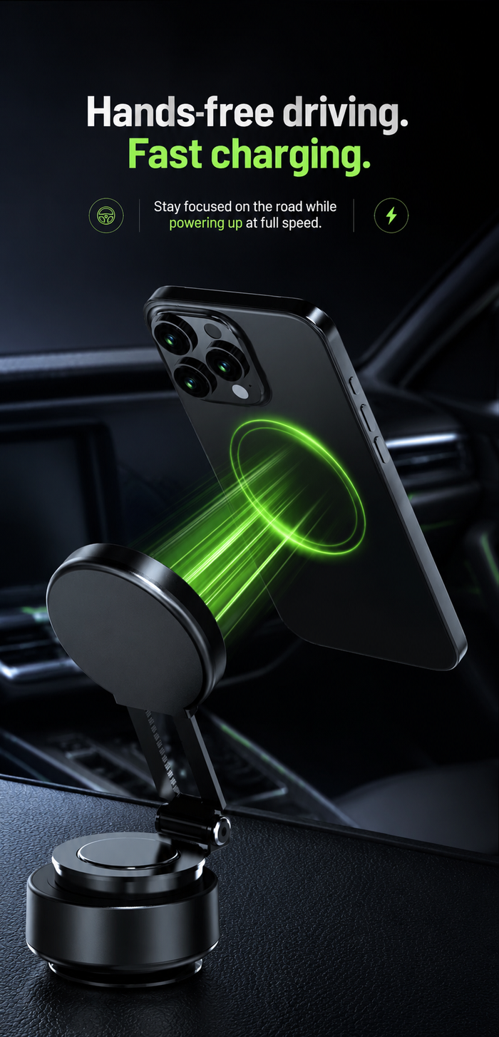 Magnetic phone holder for hands-free driving and fast charging while staying focused on the road.