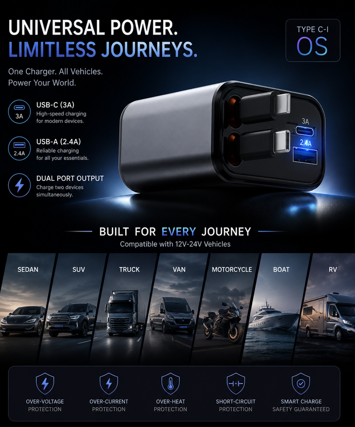 USB-C Car Charger – Retractable 120W Fast Charging 4-in-1