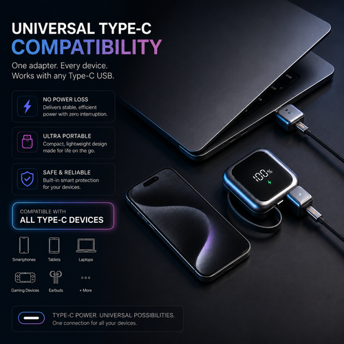 Image showcasing universal type-C compatibility charging adapter with various devices and features highlighted.